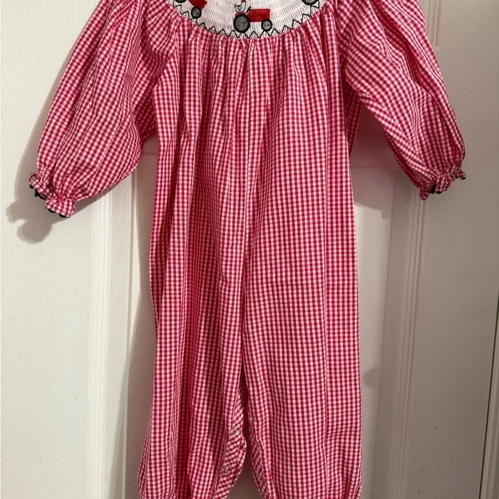 Marie Nicole Smocked Red Wagon Romper